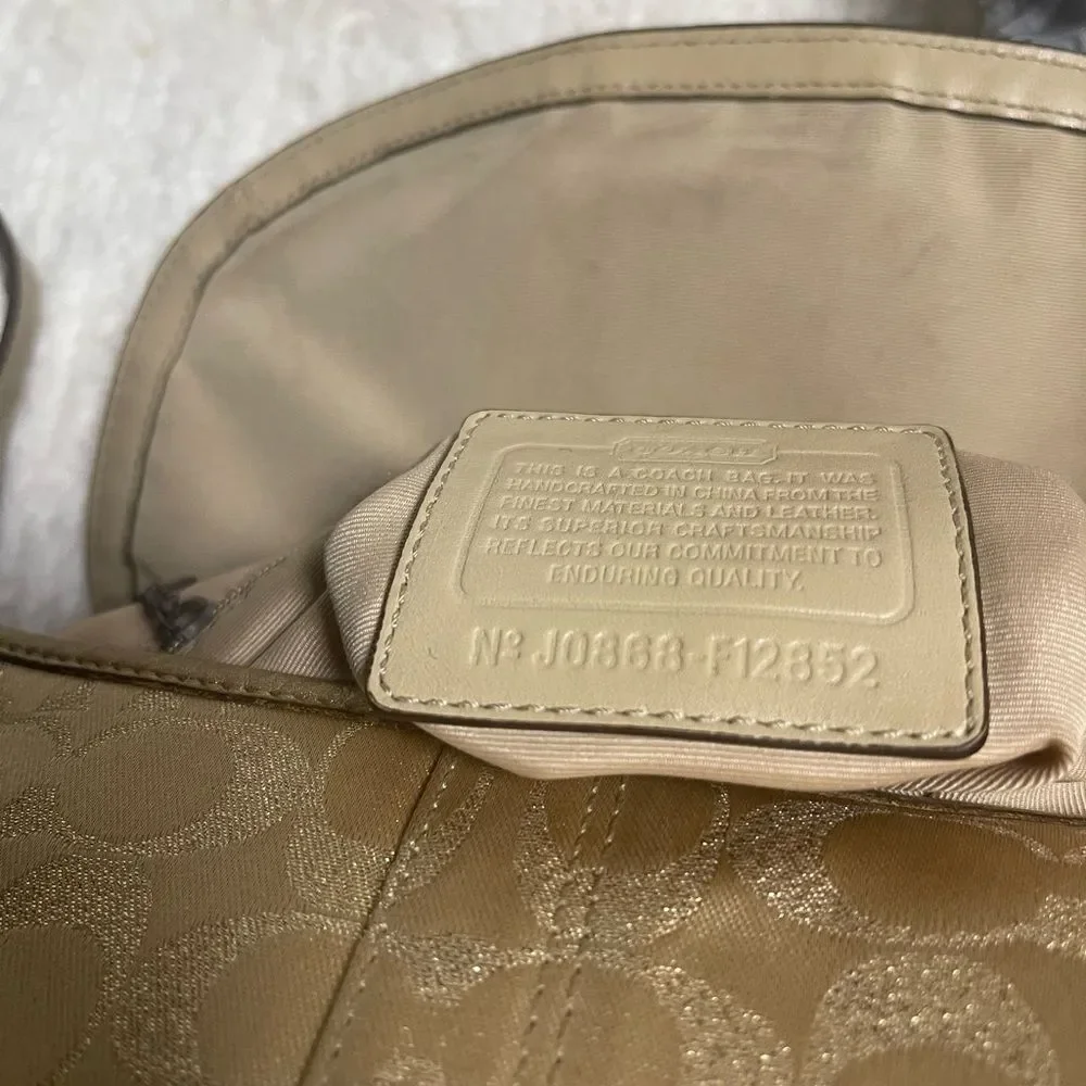 Coach Metallic Fabric Gold Signature Lured Studded Crossbody Bag  leather trims